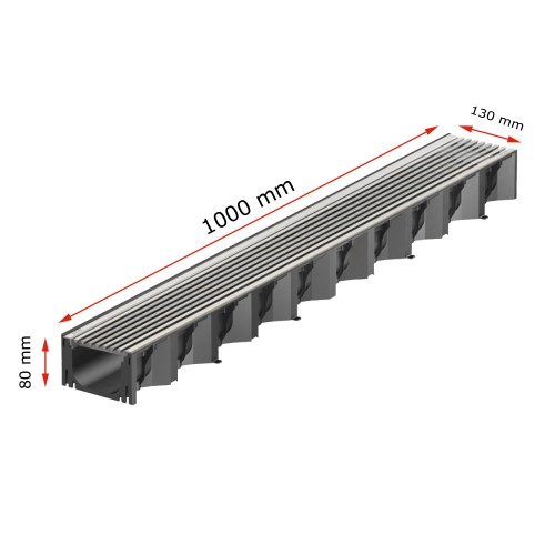 Set 7 rigole ACO Self Hexaline 2.0 din polipropilena, grătar profil triunghiular inox, A15, L=7m, lxh=12.9x8cm si accesorii