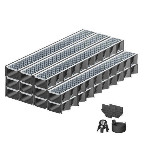 Set 11 rigole ACO Self Hexaline 2.0 din polipropilena, grătar Self retea inox, A15, L=11m, lxh=12.9x8cm si accesorii