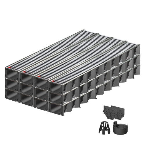 Set 12 rigole ACO Self Hexaline 2.0 din polipropilena, grătar nervurat din inox, A15, L=12m, lxh=12.9x8cm si accesorii