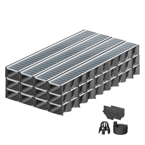 Set 12 rigole ACO Self Hexaline 2.0 din polipropilena, grătar Self retea inox, A15, L=12m, lxh=12.9x8cm si accesorii