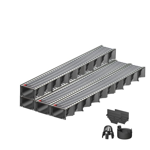 Set 4 rigole ACO Self Hexaline 2.0 din polipropilena, grătar nervurat din inox, A15, L=4m, lxh=12.9x8cm si accesorii