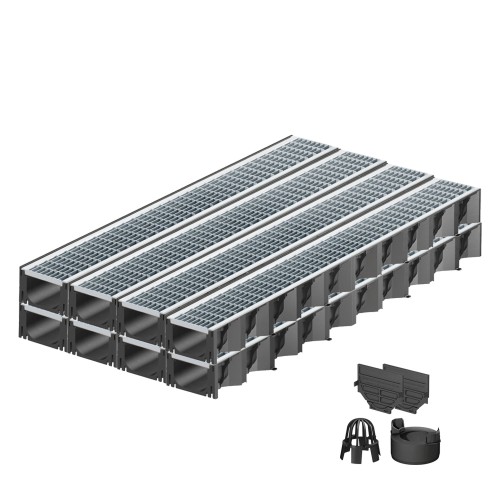 Set 8 rigole ACO Self Hexaline 2.0 din polipropilena, grătar Self retea inox, A15, L=8m, lxh=12.9x8cm si accesorii